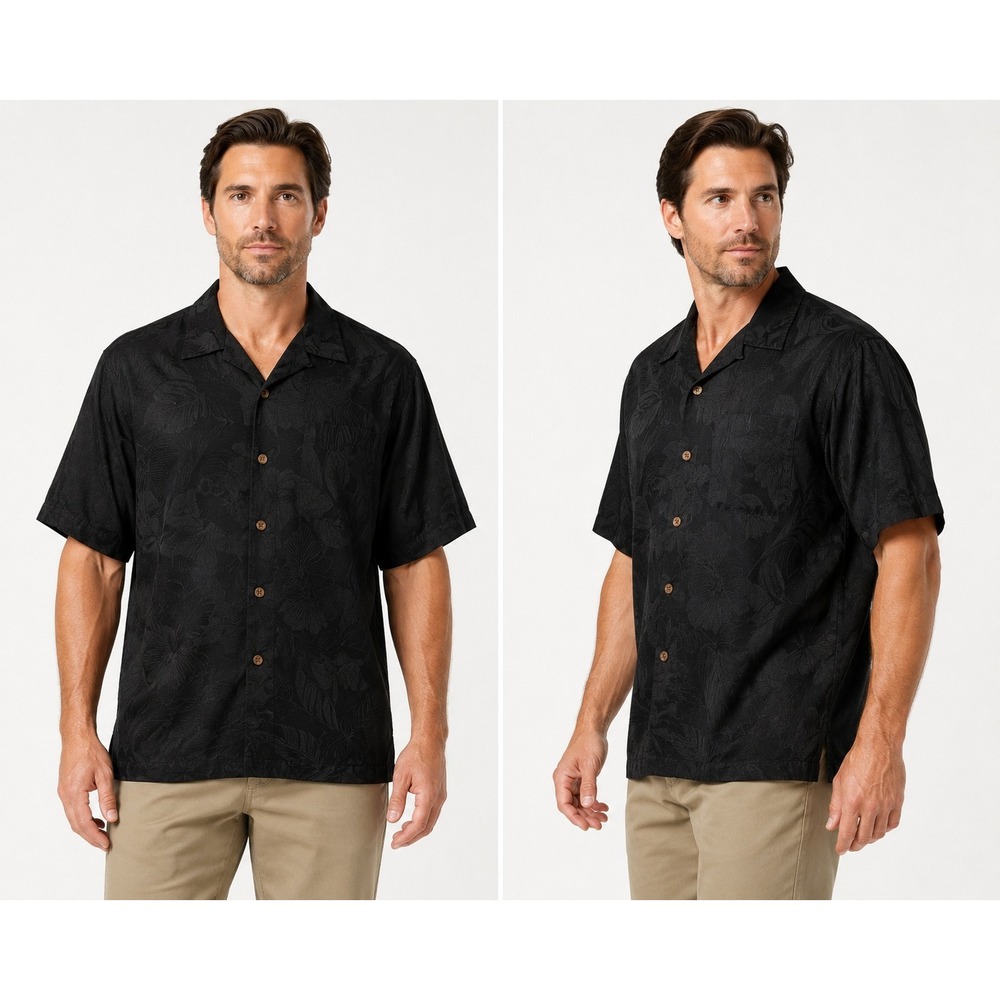 Tommy Bahama Mens XL Black Silk Floral Jacquard Short Sleeve Camp Shirt 3469